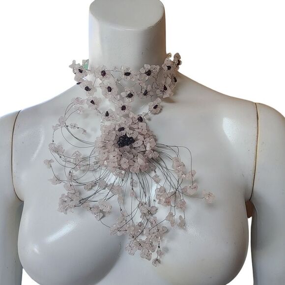 Handmade Silver Tone Wire Rose Quartz & Garnet Chip Sterling Silver Hook Choker - Picture 1 of 6